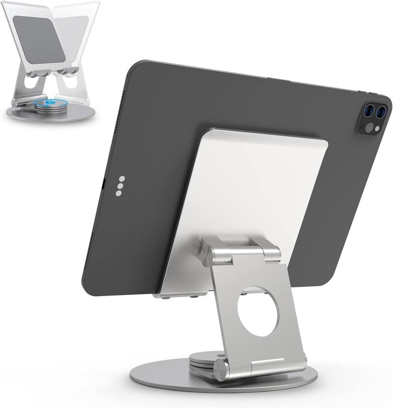 KABCON Swivel Tablet Stand, Aluminum Portable 360°Rotating Holder for Desk,Business,Kitchen,Desktop,Table Stand for iPad Pro 9.7,10.5,12.9/Air Mini,Tab,Fire,Nexus,E-Reader-Silver - Image 1